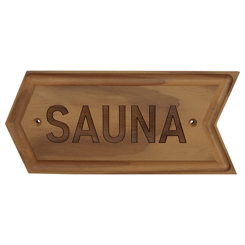 Holzschild "SAUNA", Pfeil links, wärmebehandelt